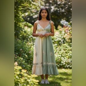 Zury Green and Cream Embroidered Midi Dress Free Size